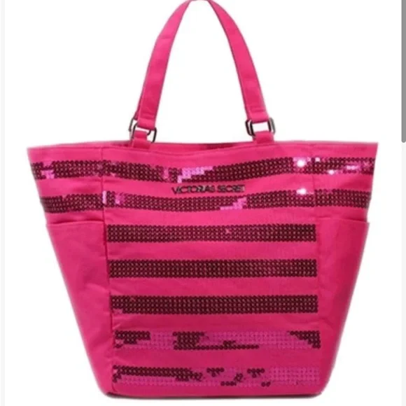 Victoria Secret Hot Pink Sequin Tote Canvas Striped Overnight Shoulder Bag New - Picture 12 of 14